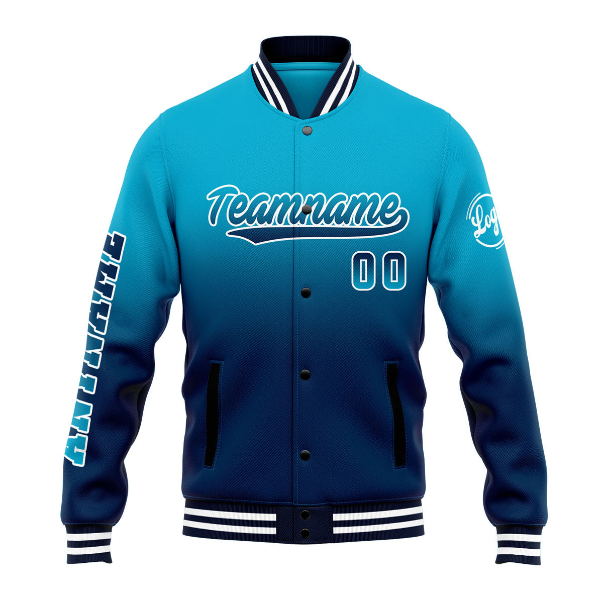 Benutzerdefinierte Verlauf Varsity-Jacke. Letterman-Jacke Aqua Dunkelblau