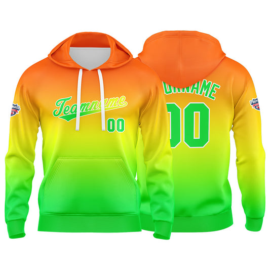 Benutzerdefinierter Verlauf Hoodie für Mann, Frau, Mädchen, Junge. Drucken Sie Ihr Logo, Ihren Namen und Ihre Nummer Orange Gelb Grün