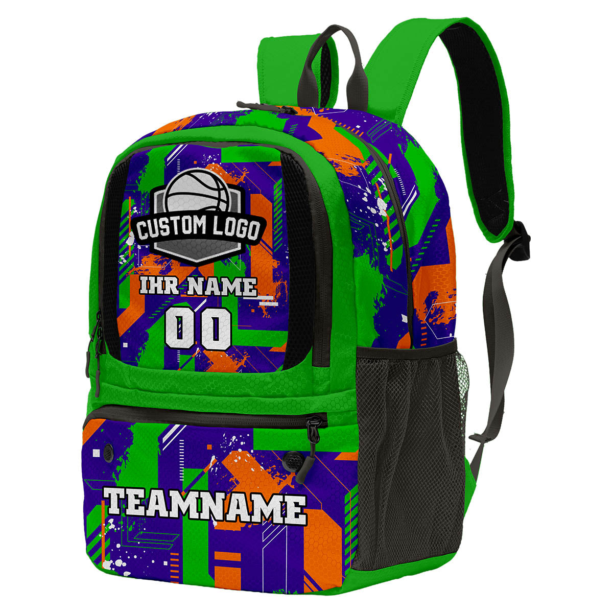 Individuell gestalteter Basketball - und Fußballrucksack in Grün & Lila und Orange mit Spielernamen & Nummern und Teamlogo #BP-0919-0017