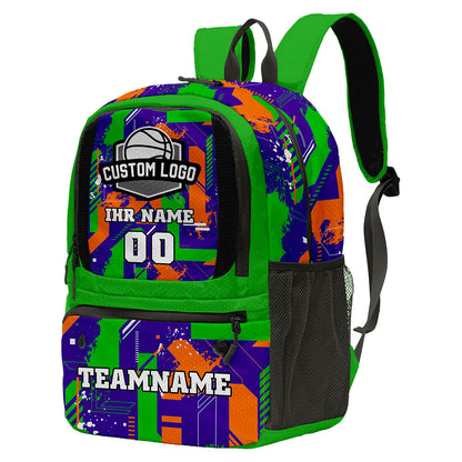 Individuell gestalteter Basketball - und Fußballrucksack in Grün & Lila und Orange mit Spielernamen & Nummern und Teamlogo #BP-0919-0017
