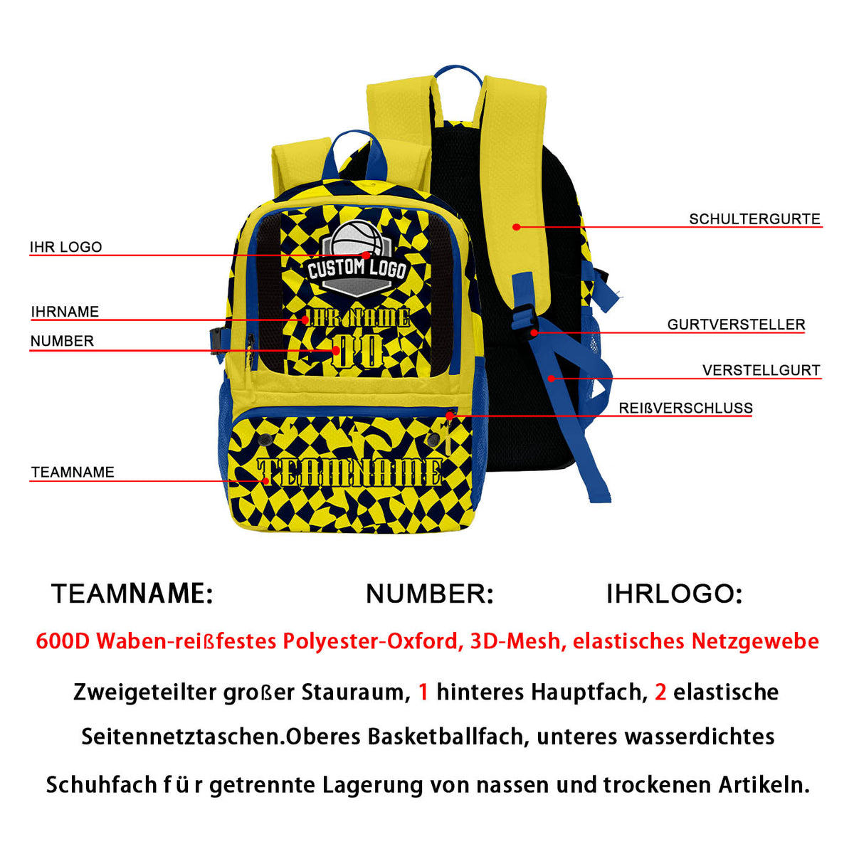Personalisierter & zitronengelber Basketball - und Fußballrucksack mit verstecktem blauen Logo & Spielernamen & Nummern und Teamlogo #BP-0919-0018