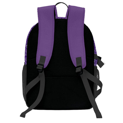 Personalisierter Basketball - und Fußballrucksack in Lila & Schwarz und Weiß mit Spielernamen & Nummern und Teamlogo #BP-0919-0030