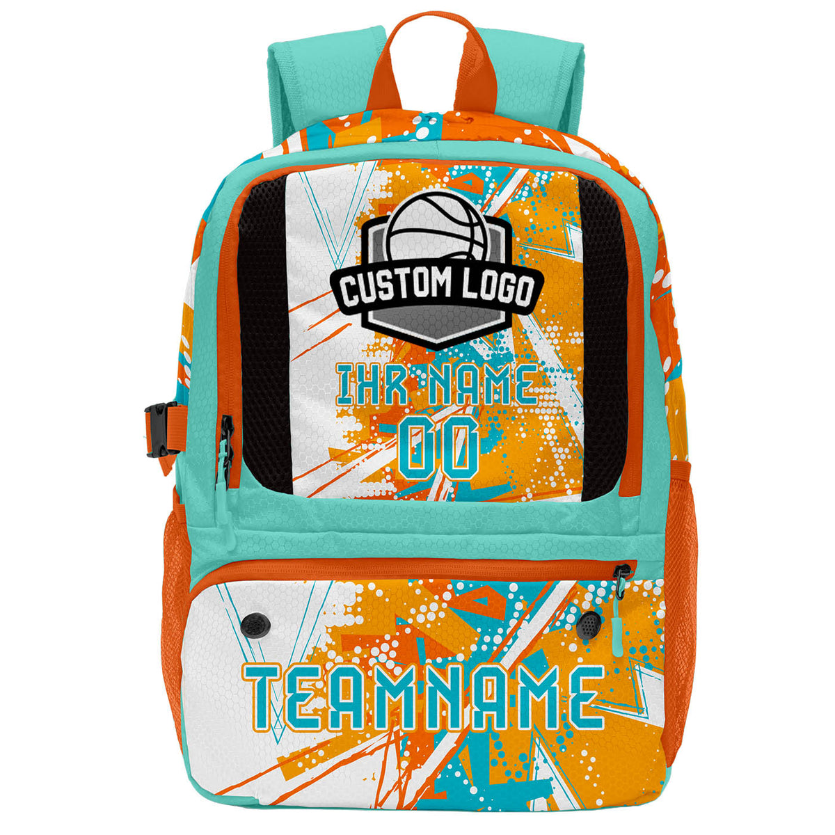 Personalisierter Basketball - und Fußballrucksack in Orange & Weiß und Türkis mit Spielernamen & Nummern und Teamlogo #BP-0919-0026