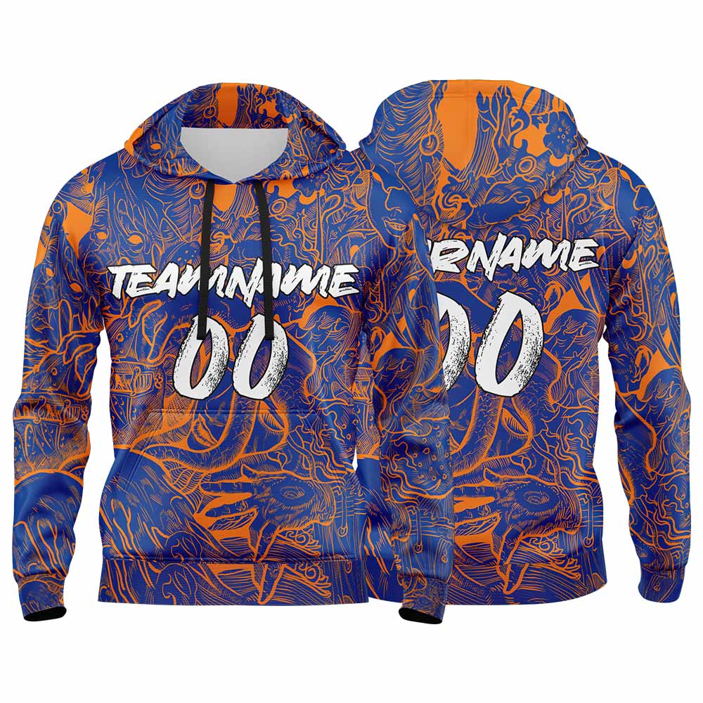 Benutzerdefinierter Sweatshirt-Hoodie für Mann, Frau, Mädchen, Junge. Drucken Sie Ihr Logo, Ihren Namen und Ihre Nummer Marine & Orange