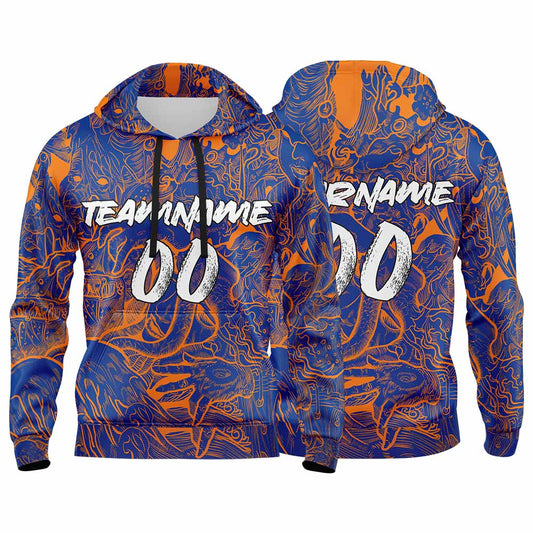 Benutzerdefinierter Sweatshirt-Hoodie für Mann, Frau, Mädchen, Junge. Drucken Sie Ihr Logo, Ihren Namen und Ihre Nummer Marine & Orange