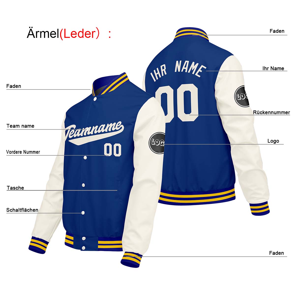 Maßgeschneiderte Creme Weiß Blau Letterman Varsity Jacket Individuelle Stickerei Druck nach Ihrem Wunsch