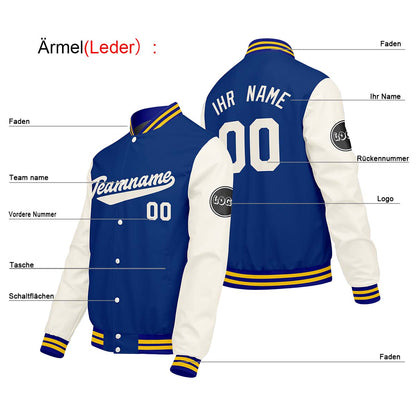 Maßgeschneiderte Creme Weiß Blau Letterman Varsity Jacket Individuelle Stickerei Druck nach Ihrem Wunsch