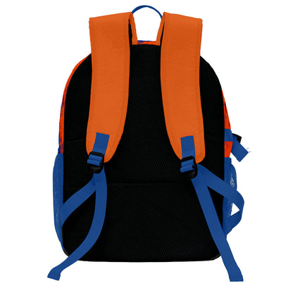 Individuell gestalteter Basketball - und Fußballrucksack in leuchtendem Orange und Königsblau mit personalisierten Spielernamen & Nummern und Teamlogos #BP-0919-0008