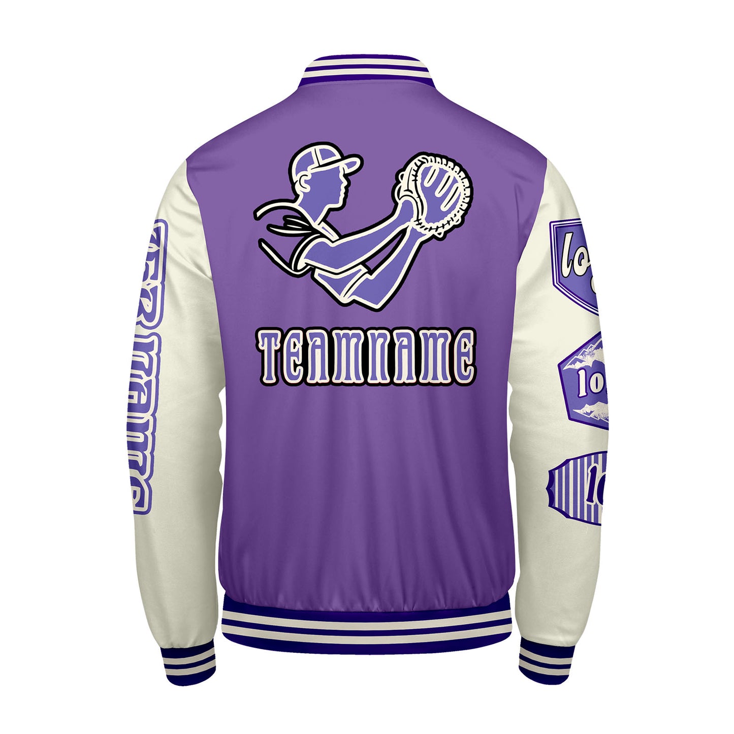 Maßgeschneiderte Lila Weiß Letterman Varsity Jacket Individuelle Stickerei  Druck nach Ihrem Wunsch