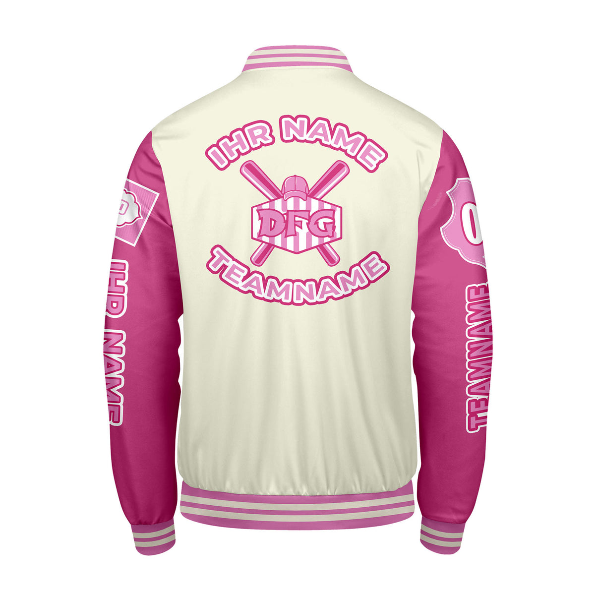 Maßgeschneiderte Weiß Rosa Letterman Varsity Jacket Individuelle Stickerei  Druck nach Ihrem Wunsch