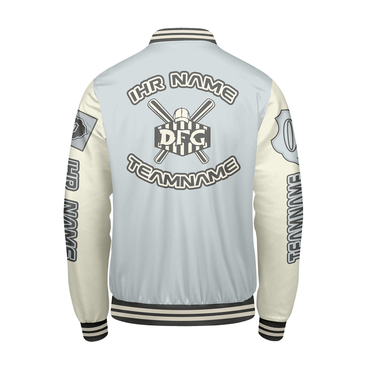 Maßgeschneiderte Grau Weiß Letterman Varsity Jacket Individuelle Stickerei  Druck nach Ihrem Wunsch