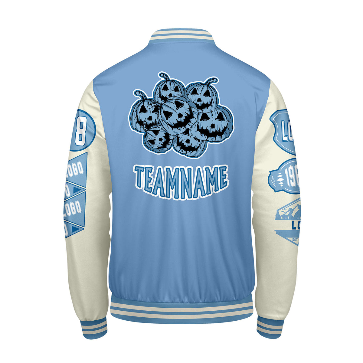 Maßgeschneiderte Blau Weiß Letterman Varsity Jacket Individuelle Stickerei  Druck nach Ihrem Wunsch