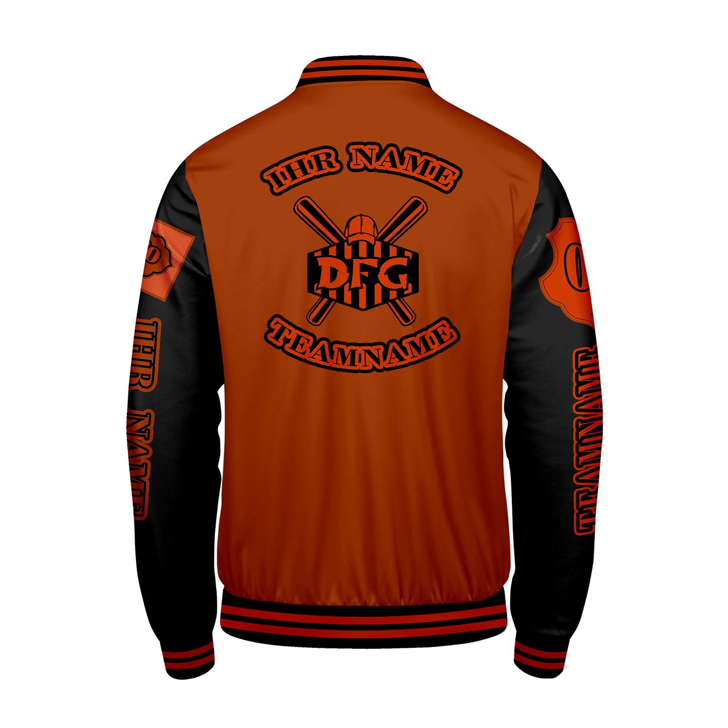 Maßgeschneiderte Orange Schwarz Letterman Varsity Jacket Individuelle Stickerei  Druck nach Ihrem Wunsch