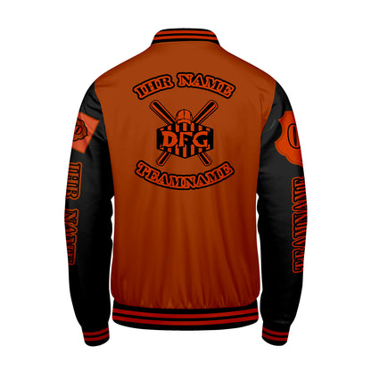 Maßgeschneiderte Orange Schwarz Letterman Varsity Jacket Individuelle Stickerei  Druck nach Ihrem Wunsch