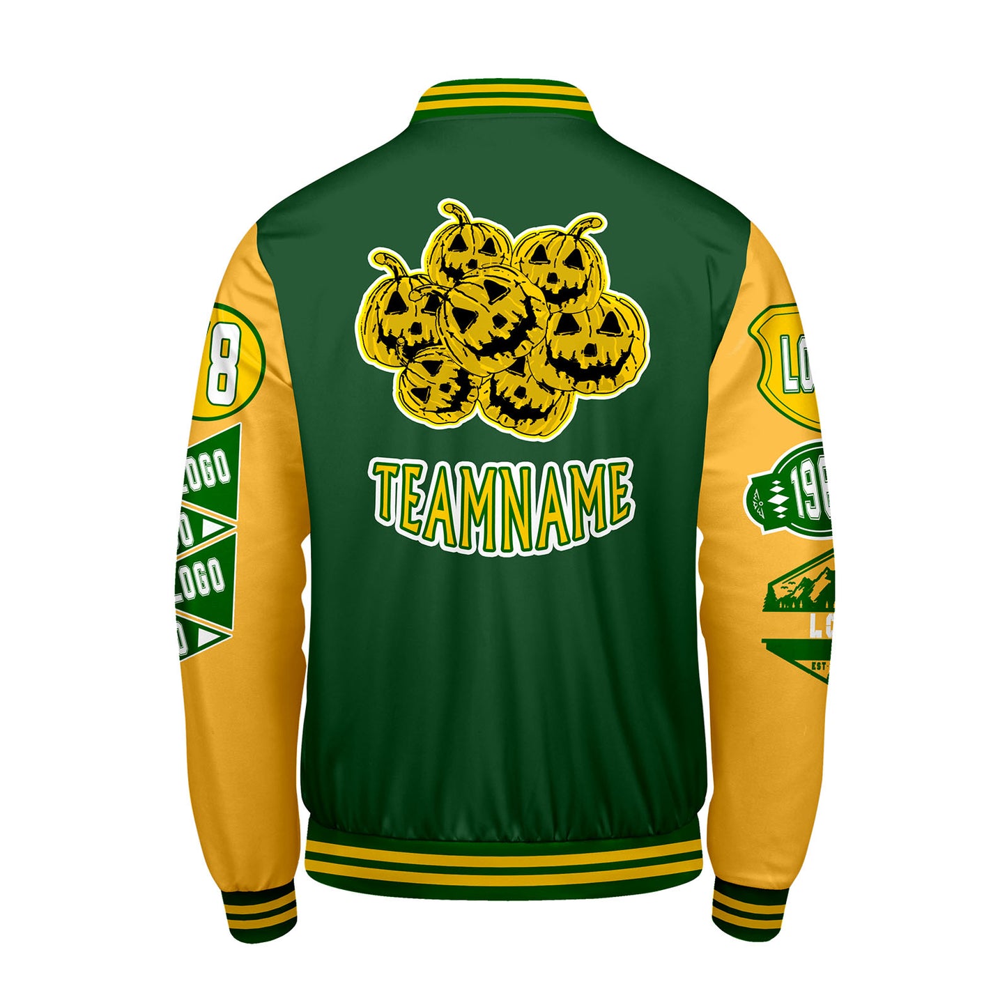 Maßgeschneiderte Grün Gelb Letterman Varsity Jacket Individuelle Stickerei  Druck nach Ihrem Wunsch