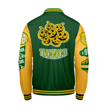 Maßgeschneiderte Grün Gelb Letterman Varsity Jacket Individuelle Stickerei  Druck nach Ihrem Wunsch