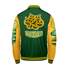 Maßgeschneiderte Grün Gelb Letterman Varsity Jacket Individuelle Stickerei  Druck nach Ihrem Wunsch