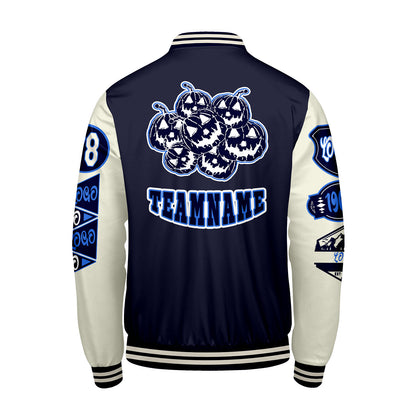 Maßgeschneiderte Marine Weiß Letterman Varsity Jacket Individuelle Stickerei  Druck nach Ihrem Wunsch