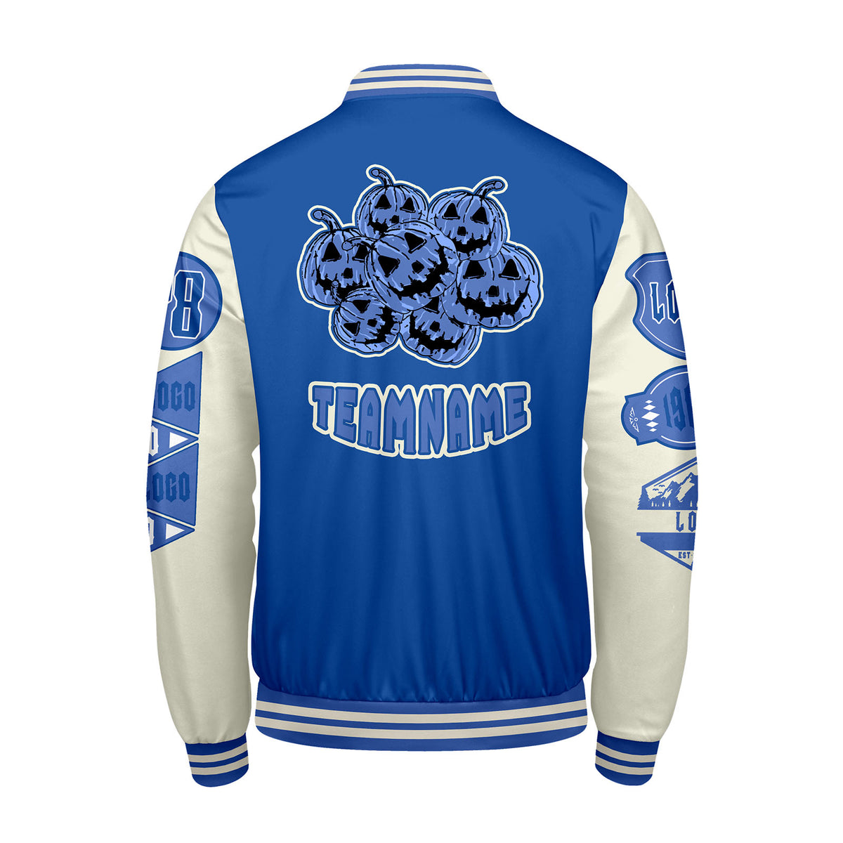 Maßgeschneiderte Blau Weiß Letterman Varsity Jacket Individuelle Stickerei  Druck nach Ihrem Wunsch