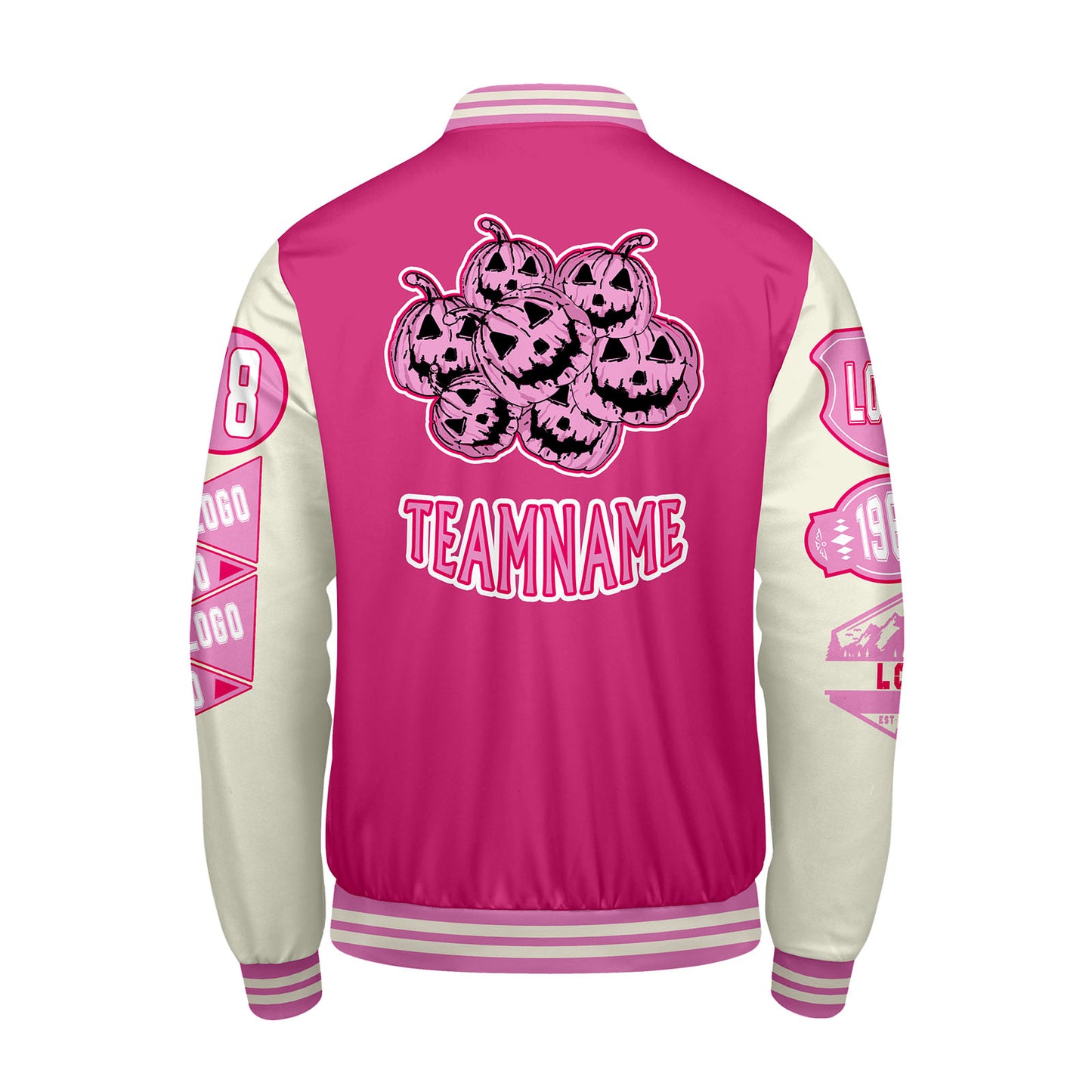 Maßgeschneiderte Rosa Weiß Letterman Varsity Jacket Individuelle Stickerei  Druck nach Ihrem Wunsch