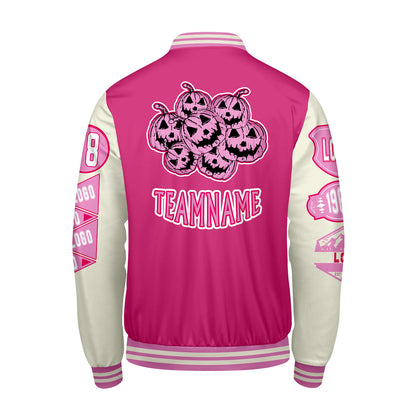 Maßgeschneiderte Rosa Weiß Letterman Varsity Jacket Individuelle Stickerei  Druck nach Ihrem Wunsch