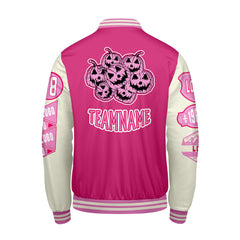 Maßgeschneiderte Rosa Weiß Letterman Varsity Jacket Individuelle Stickerei  Druck nach Ihrem Wunsch