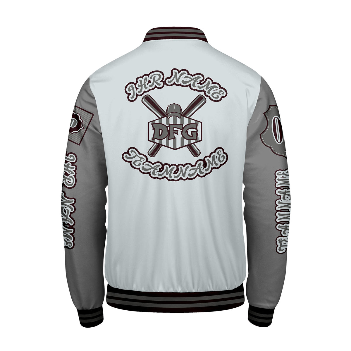 Maßgeschneiderte Grau Letterman Varsity Jacket Individuelle Stickerei  Druck nach Ihrem Wunsch