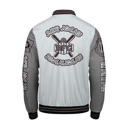 Maßgeschneiderte Grau Letterman Varsity Jacket Individuelle Stickerei  Druck nach Ihrem Wunsch