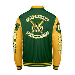 Maßgeschneiderte Grün Gelb Letterman Varsity Jacket Individuelle Stickerei  Druck nach Ihrem Wunsch