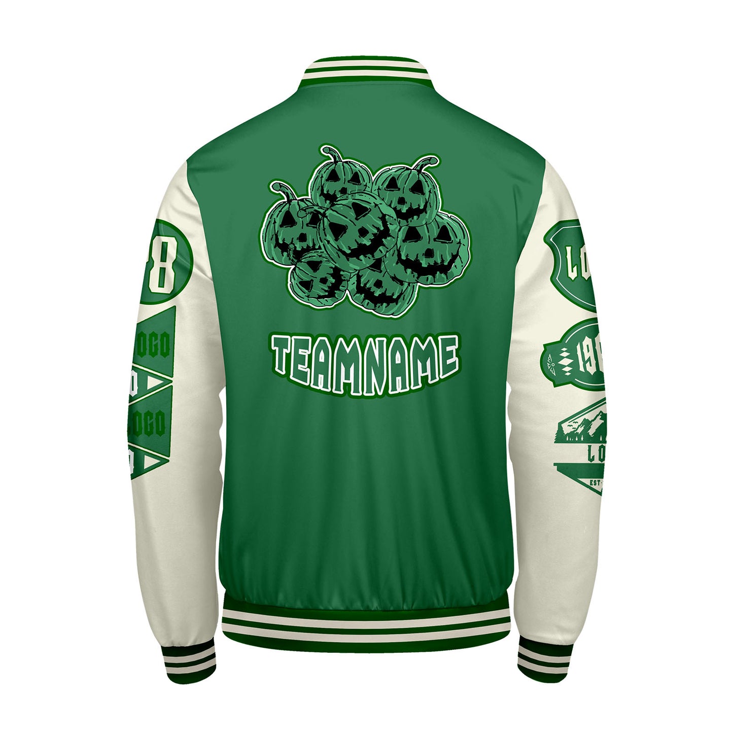 Maßgeschneiderte Grün Weiß Letterman Varsity Jacket Individuelle Stickerei  Druck nach Ihrem Wunsch