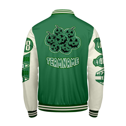 Maßgeschneiderte Grün Weiß Letterman Varsity Jacket Individuelle Stickerei  Druck nach Ihrem Wunsch