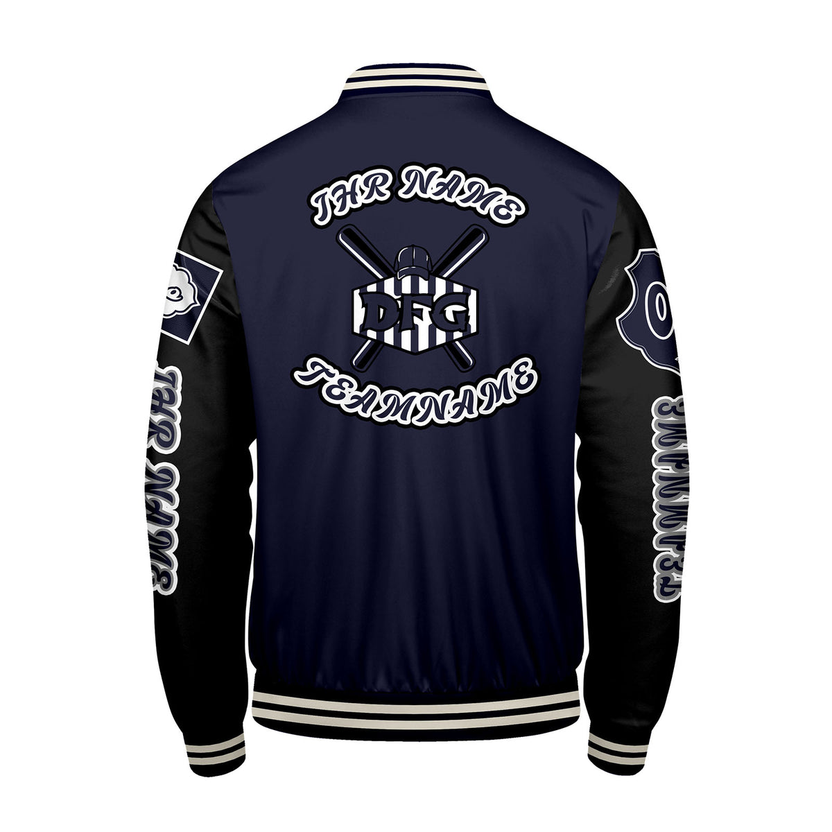 Maßgeschneiderte Marine Schwarz Letterman Varsity Jacket Individuelle Stickerei  Druck nach Ihrem Wunsch