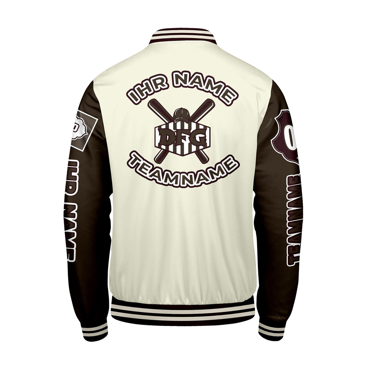 Maßgeschneiderte Weiß Braun Letterman Varsity Jacket Individuelle Stickerei  Druck nach Ihrem Wunsch