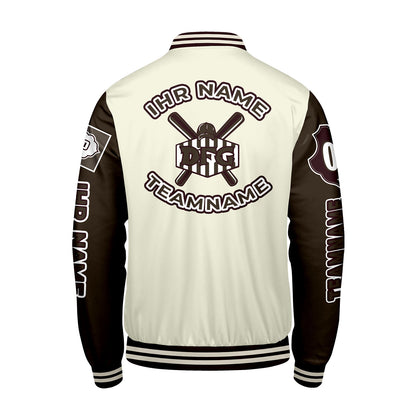 Maßgeschneiderte Weiß Braun Letterman Varsity Jacket Individuelle Stickerei  Druck nach Ihrem Wunsch