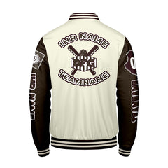 Maßgeschneiderte Weiß Braun Letterman Varsity Jacket Individuelle Stickerei  Druck nach Ihrem Wunsch