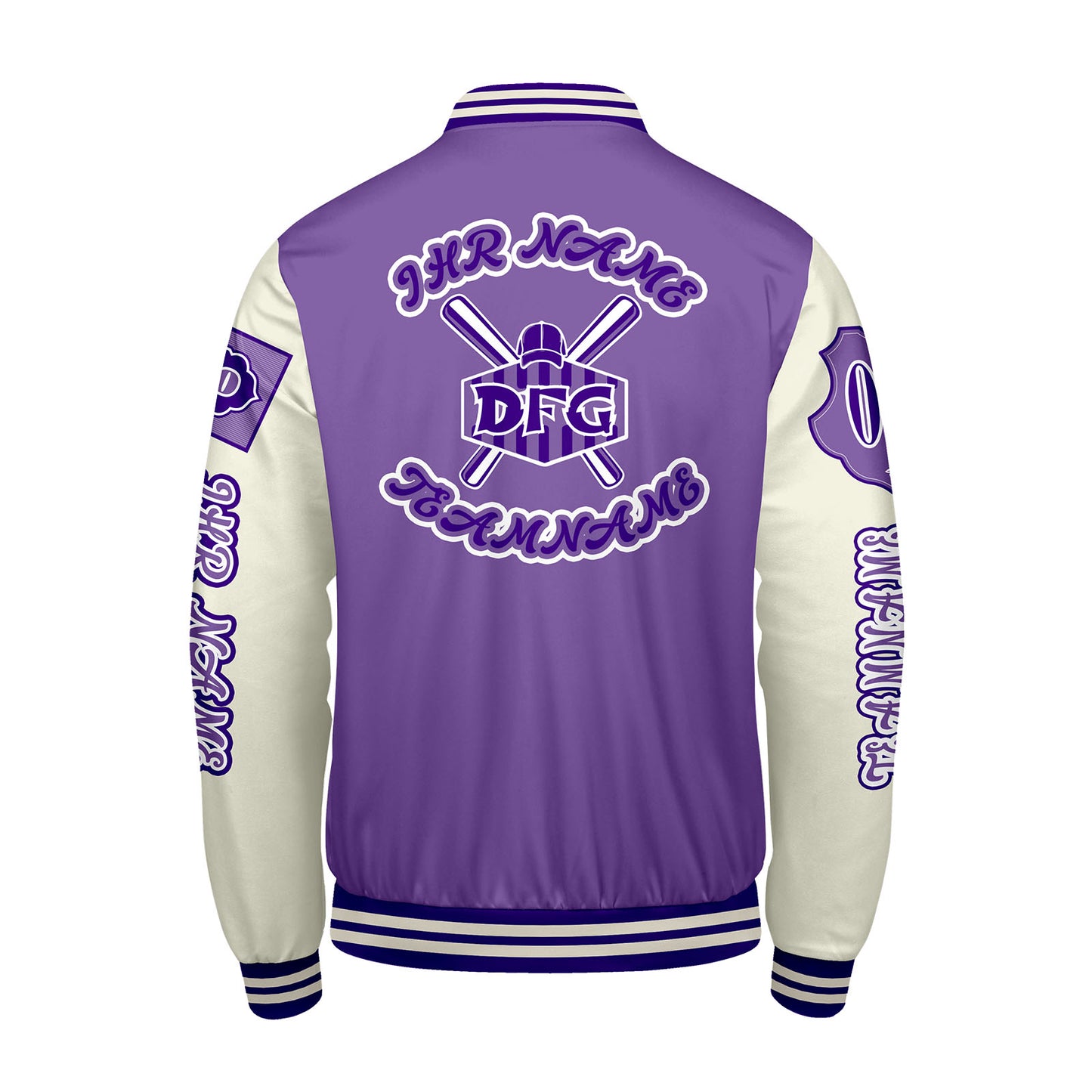 Maßgeschneiderte Lila Weiß Letterman Varsity Jacket Individuelle Stickerei  Druck nach Ihrem Wunsch