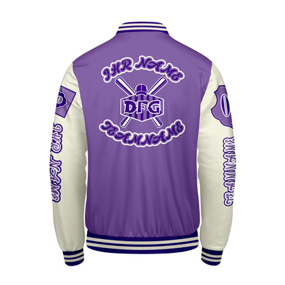 Maßgeschneiderte Lila Weiß Letterman Varsity Jacket Individuelle Stickerei  Druck nach Ihrem Wunsch