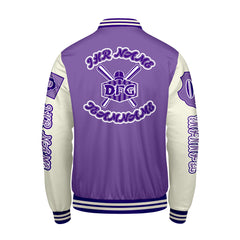 Maßgeschneiderte Lila Weiß Letterman Varsity Jacket Individuelle Stickerei  Druck nach Ihrem Wunsch