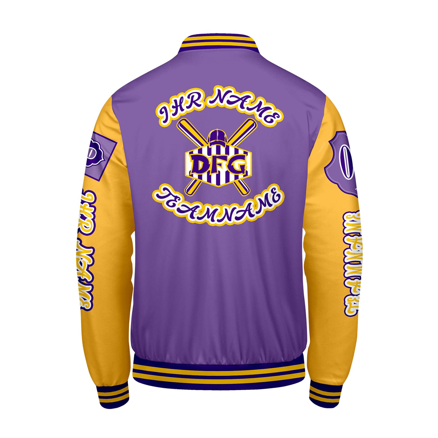 Maßgeschneiderte Lila Gelb Letterman Varsity Jacket Individuelle Stickerei  Druck nach Ihrem Wunsch
