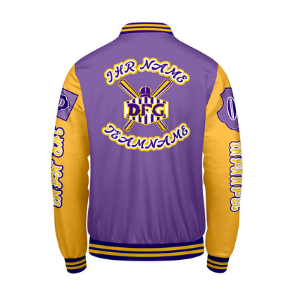 Maßgeschneiderte Lila Gelb Letterman Varsity Jacket Individuelle Stickerei  Druck nach Ihrem Wunsch