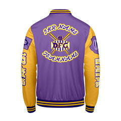 Maßgeschneiderte Lila Gelb Letterman Varsity Jacket Individuelle Stickerei  Druck nach Ihrem Wunsch