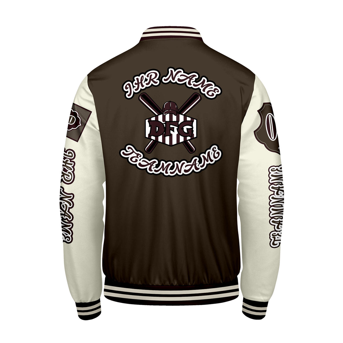 Maßgeschneiderte Braun Weiß Letterman Varsity Jacket Individuelle Stickerei  Druck nach Ihrem Wunsch