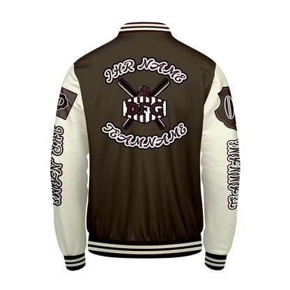 Maßgeschneiderte Braun Weiß Letterman Varsity Jacket Individuelle Stickerei  Druck nach Ihrem Wunsch
