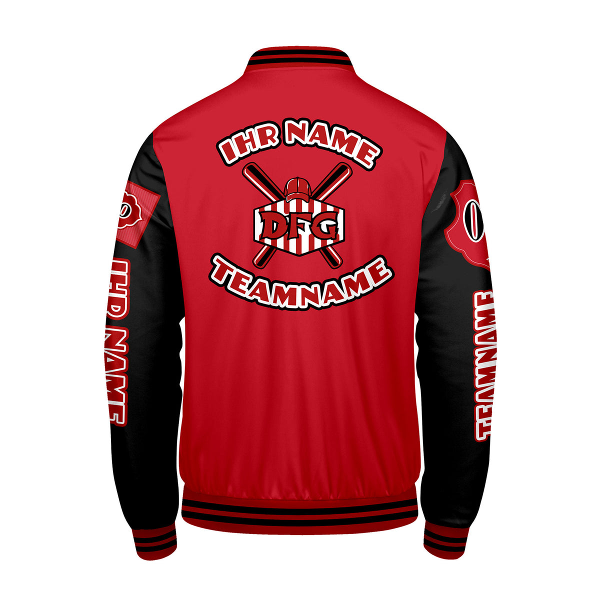 Maßgeschneiderte Rot Schwarz Letterman Varsity Jacket Individuelle Stickerei  Druck nach Ihrem Wunsch