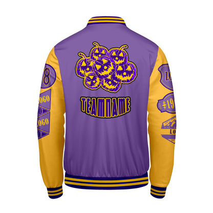 Maßgeschneiderte Lila Gelb Letterman Varsity Jacket Individuelle Stickerei  Druck nach Ihrem Wunsch