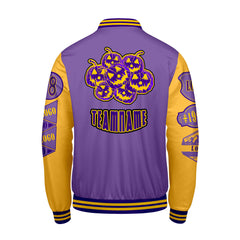 Maßgeschneiderte Lila Gelb Letterman Varsity Jacket Individuelle Stickerei  Druck nach Ihrem Wunsch