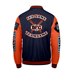 Maßgeschneiderte Marine Orange Letterman Varsity Jacket Individuelle Stickerei  Druck nach Ihrem Wunsch