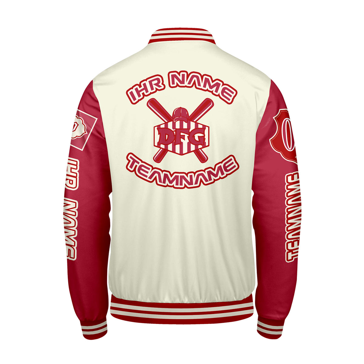 Maßgeschneiderte Weiß Rot Letterman Varsity Jacket Individuelle Stickerei  Druck nach Ihrem Wunsch