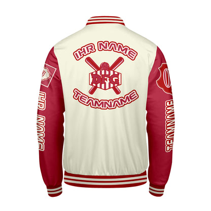 Maßgeschneiderte Weiß Rot Letterman Varsity Jacket Individuelle Stickerei  Druck nach Ihrem Wunsch