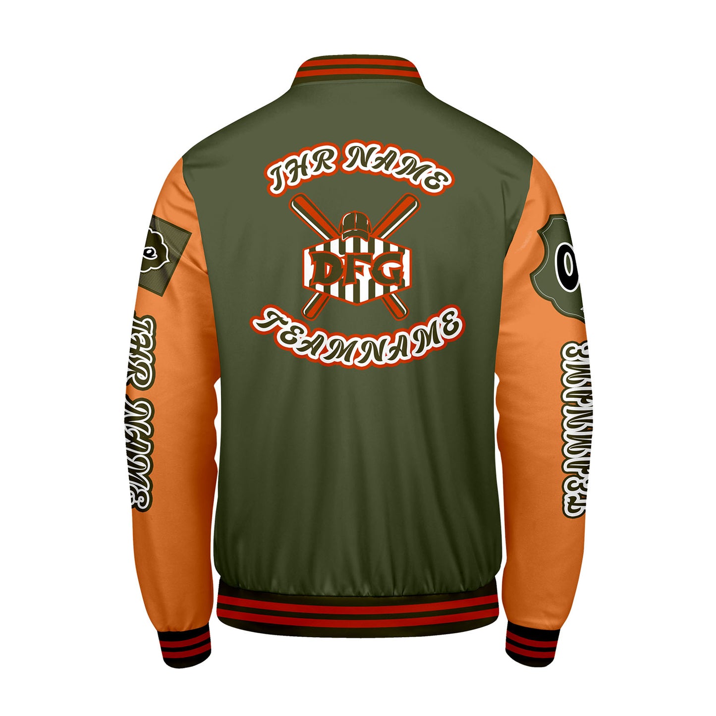 Maßgeschneiderte Olivengrün Orange Letterman Varsity Jacket Individuelle Stickerei  Druck nach Ihrem Wunsch